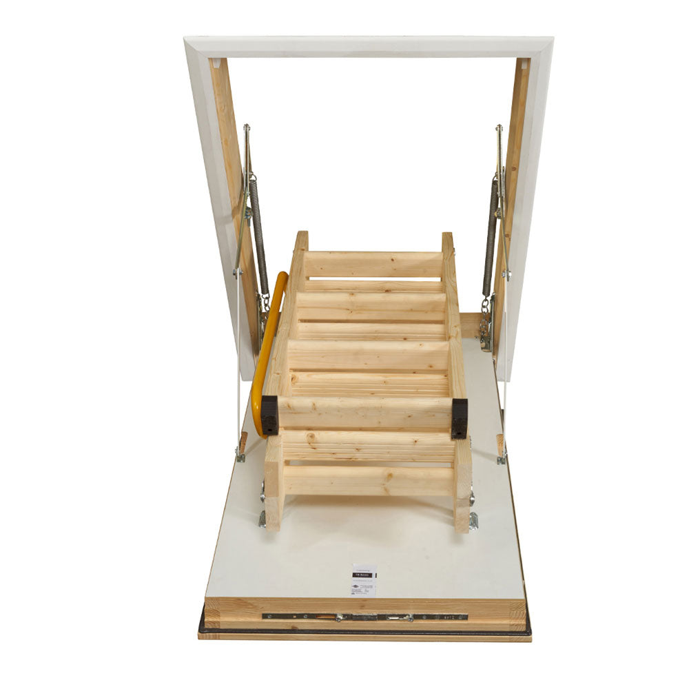 Luxfold 3 Section Wooden Loft Ladder With 87mm Insulated Hatch - folded up front angle