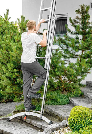 Hymer Aluminium Combination Ladder With Adjustable Stabiliser Being Used In The Garden