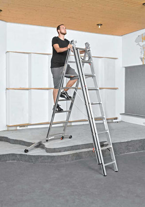 Hymer Aluminium Combination Ladder With Adjustable Stabilisers In Use As Stepladder