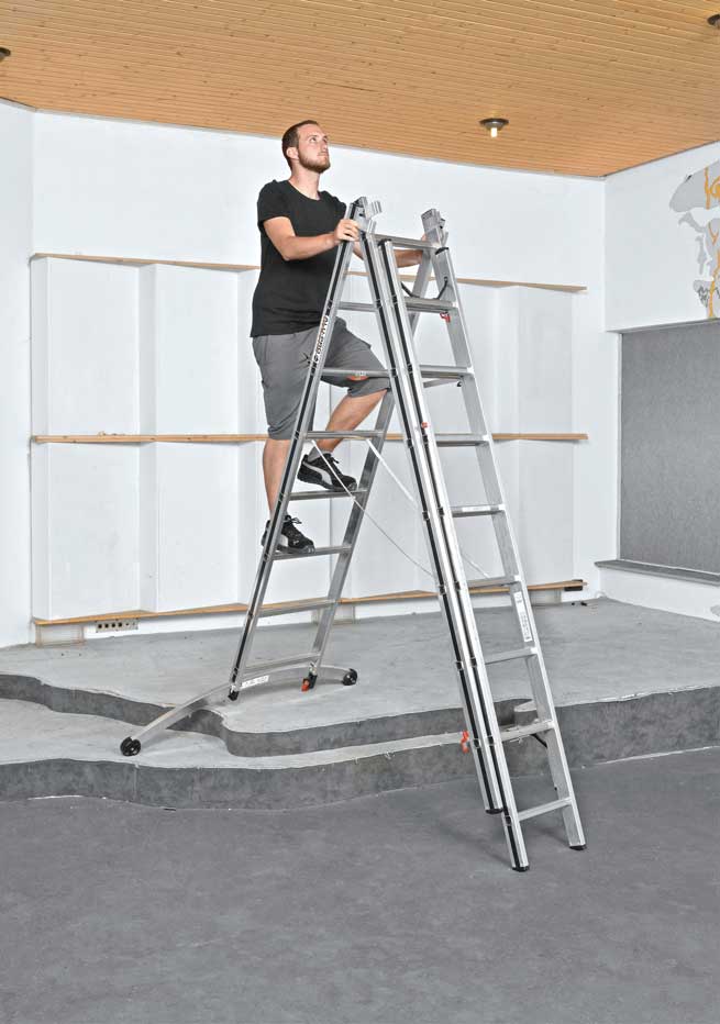 Hymer Aluminium Combination Ladder With Adjustable Stabiliser Being Used As A Stepladder