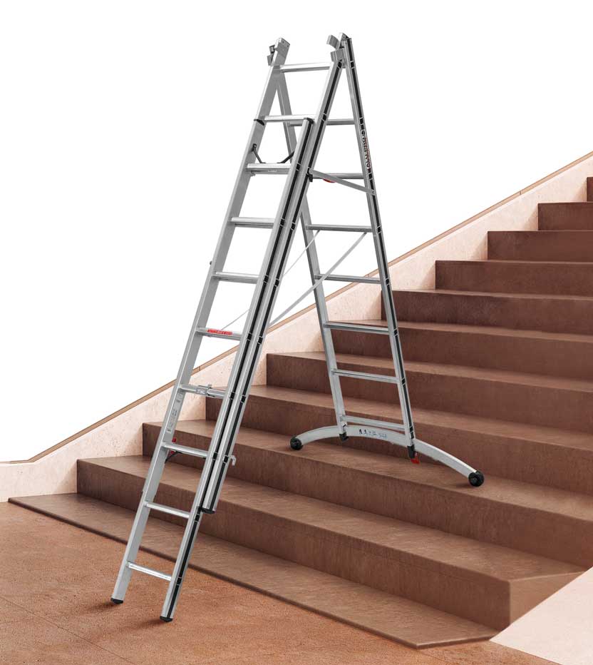 Hymer Aluminium Combination Ladder With Adjustable Stabilisers On Stairs