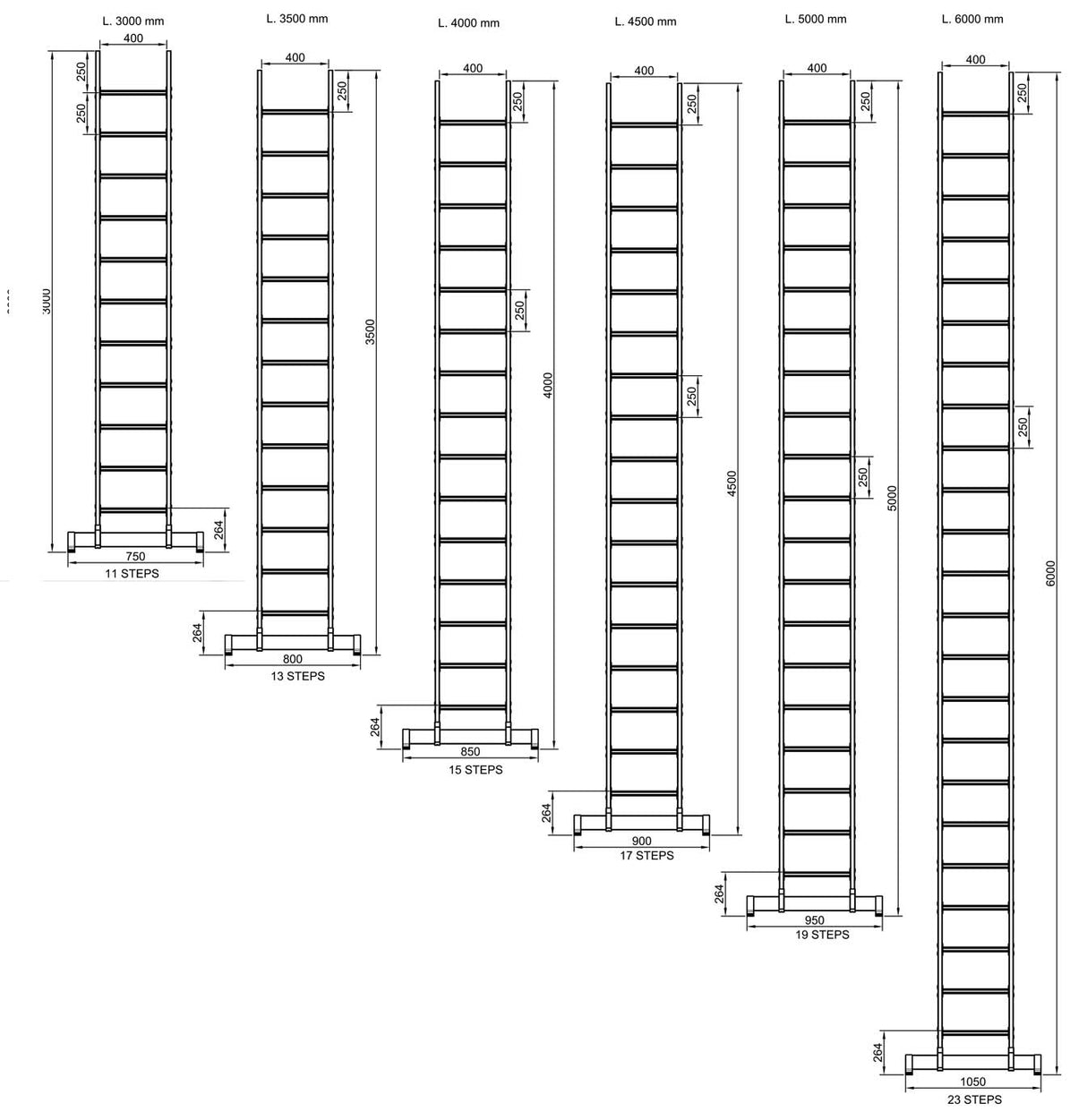 Fibreglass GRP Single Section Pole Ladder Dimension Sheet